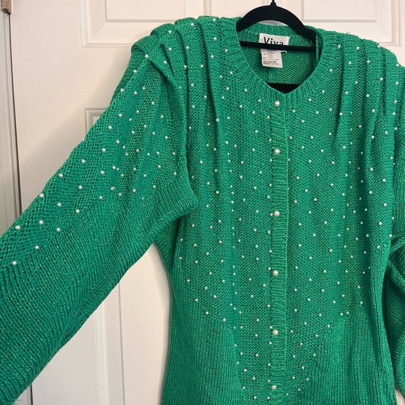 Vintage 80s Hand Knit Green Pearl Embellished Elegant Twinset S/M - Picture 5 of 16
